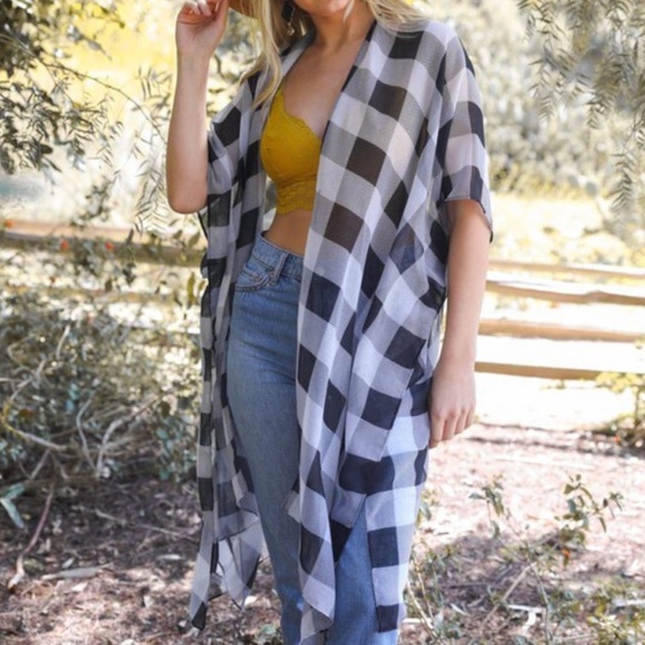 Tops - NEW Black White Buffalo Plaid Kimono, Festival Outfit, Holiday Outfit